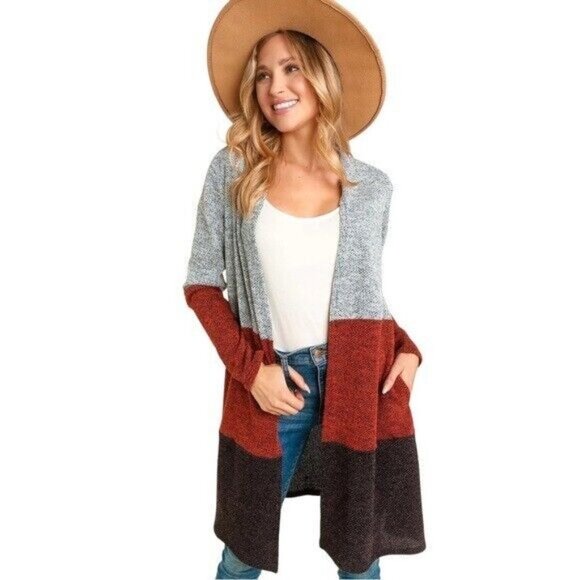 Cardigan Sweater Women Size Small Heather Gray Rust Black Knit Side Pockets - Picture 5 of 15